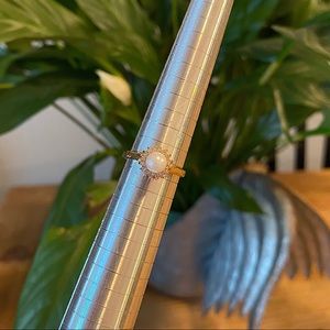 Dainty Cultured Pearl & Diamond Halo Ring 14k